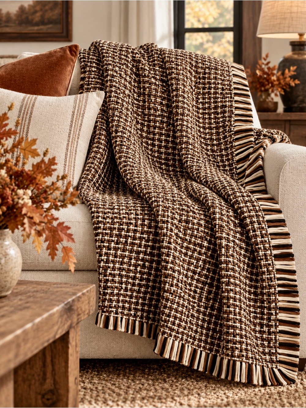 Threshold Cream/Black/White Houndstooth Woven Throw with Stripe Fringe • 50x60